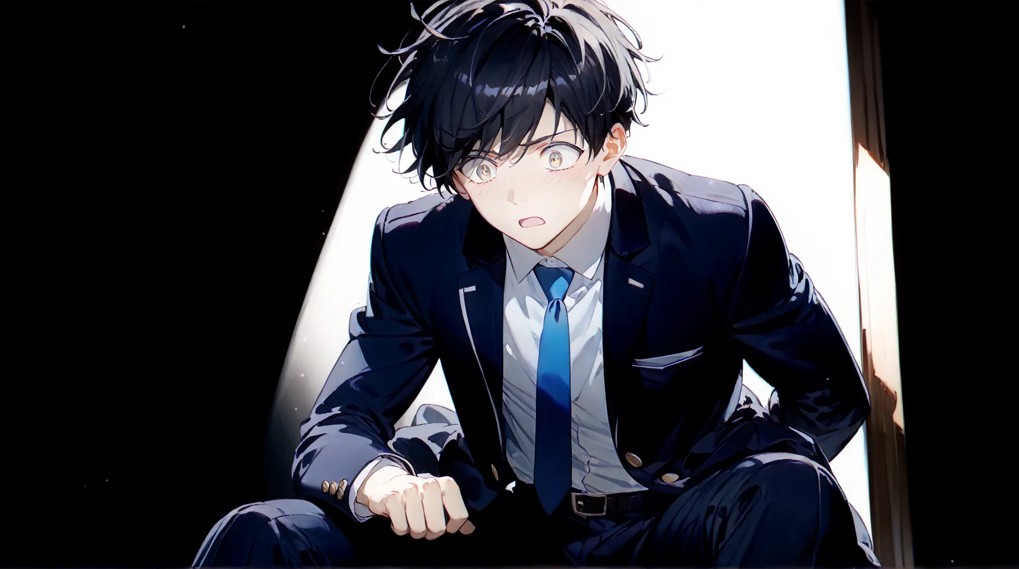 masterpiece,  (low brightness), ( high saturation, high contrast:1.3),  1 boy,  high school boy,black short hair,(navy school blazer:1.2), blue tie, white shirt, pants  break chibi,surprised