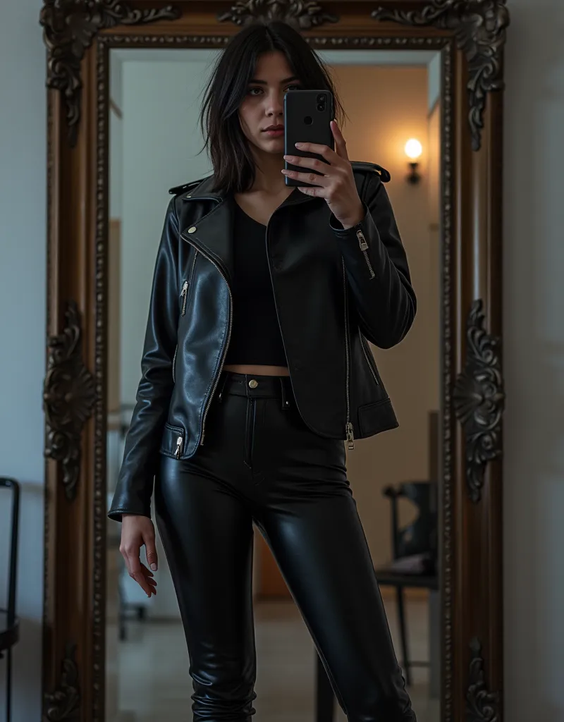 A gen Z girl wearing full leather clothing taking a selfie in the mirror
