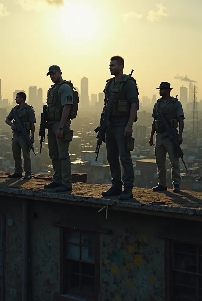 Armed Brazilian narcos watching the city from the roof of their house in a Brazilian favela  