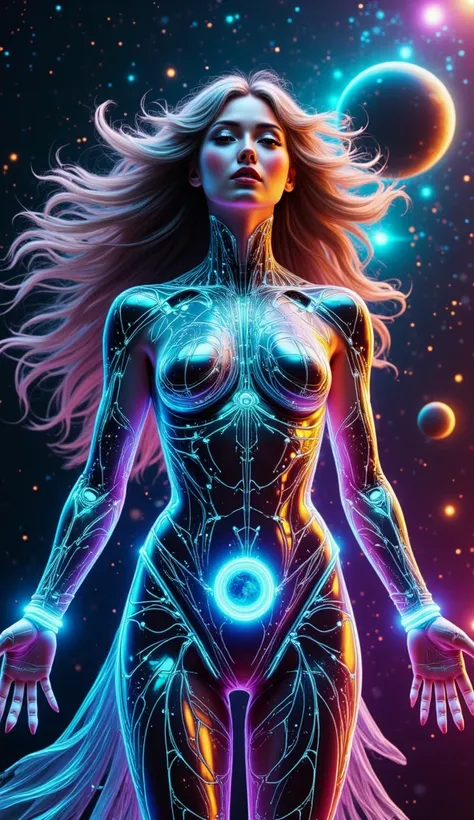 A female cosmic goddess floating in infinite space, masterpiece, highly detailed: 1.4, best quality, like a living galaxy, transparent glass skin studded with stars showing swirling galaxies inside (indigo, violet, light pink): 1.3, glowing white-blue vein...