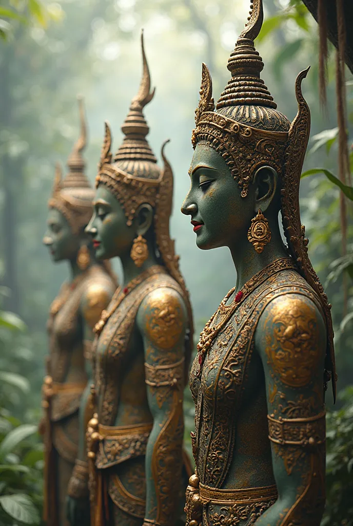 3 Thai-style gods facing 45 degrees, white background, 4K, ultra-detailed, realistic, photorealistic, HDR, UHD, studio lighting, ultra-fine painting, sharp focus, physically-based rendering, extreme detail, professional, vivid colors, bokeh, lush tropical ...