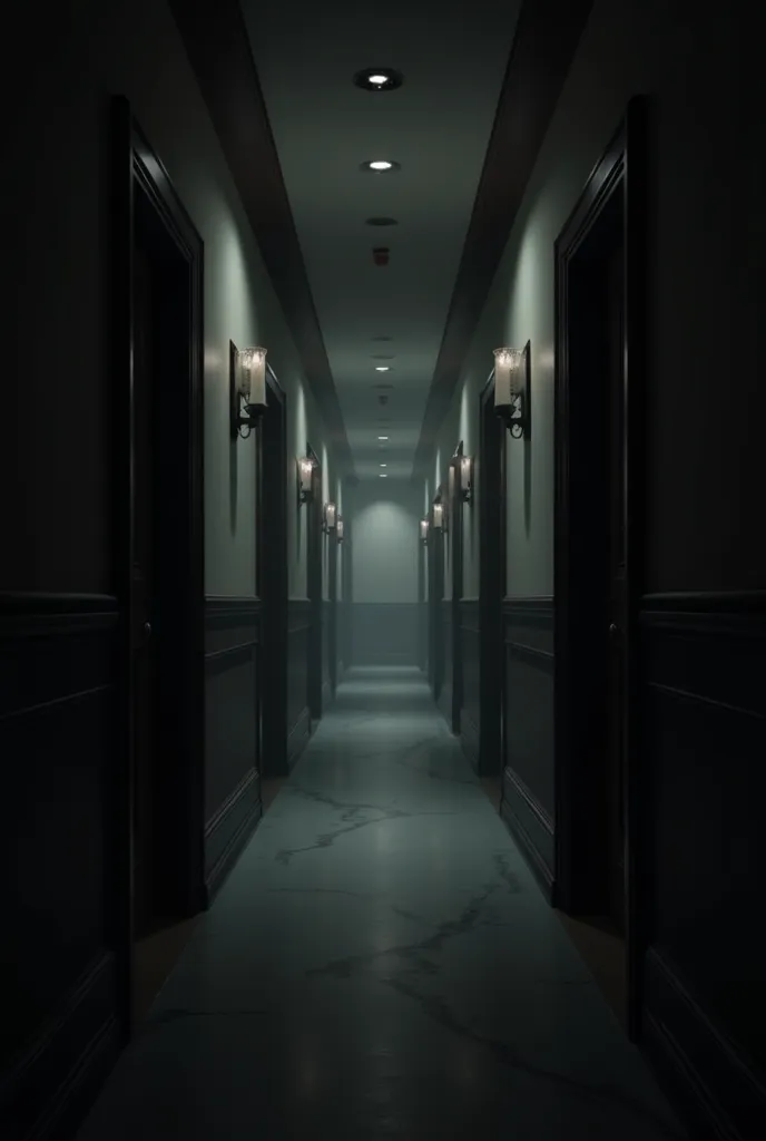 A corridor of a hotel building with many dark night doors. White but dark shade of light.