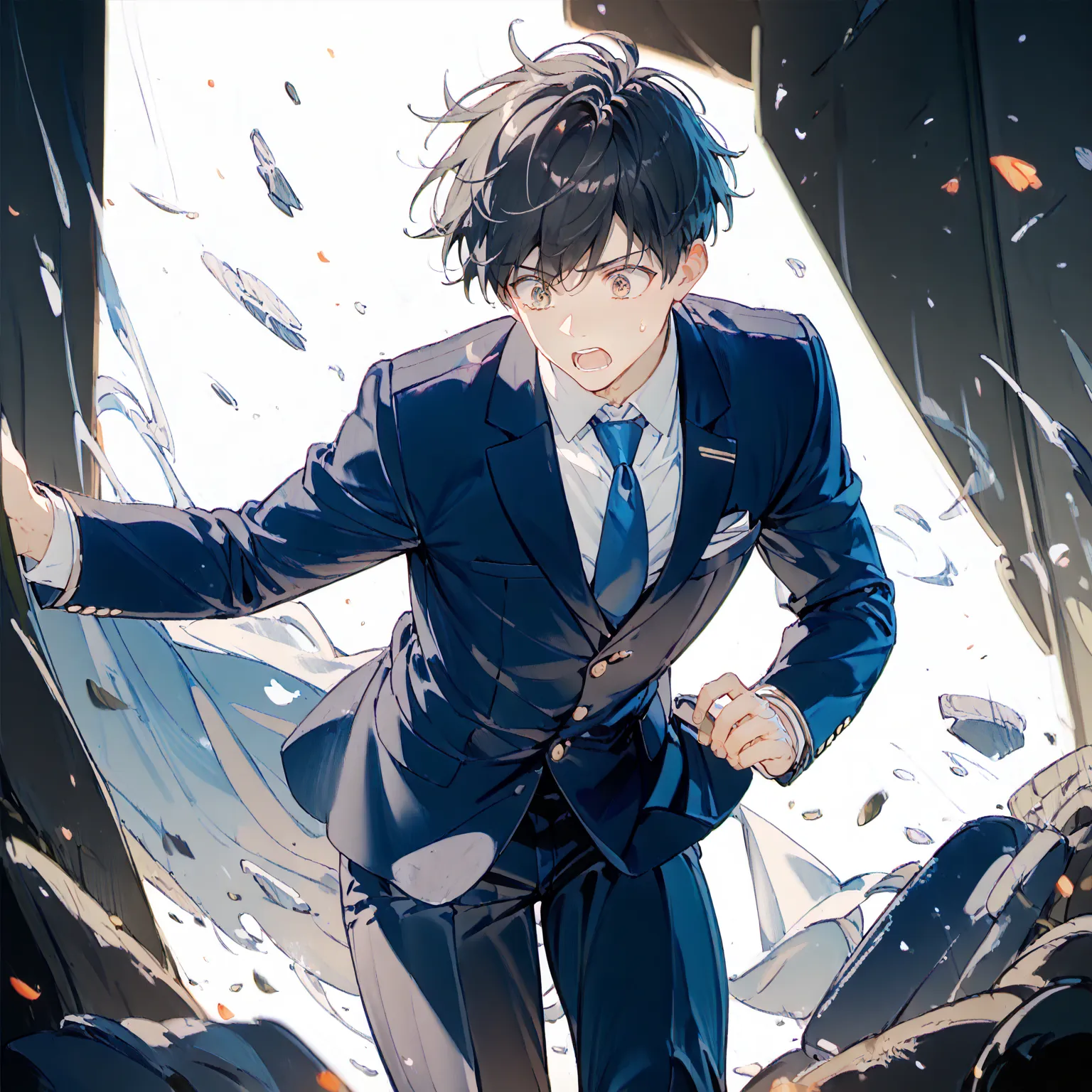 masterpiece,  (low brightness), ( high saturation, high contrast:1.3),  1 boy,  high school boy,black short hair,(navy school blazer:1.2), blue tie, white shirt, pants  break chibi,surprised