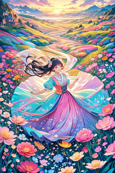 anime　Ultra-detailed, absolute resolution, a masterpiece.
Beautiful woman dancing in a colorful pastel-colored Hanfu.
Wide-angle aerial background of a flower field.
Wonderland world view.
A fusion of watercolor, acrylic and collage, conceptual installatio...