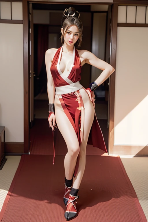 mai shiranui, (Full body:1.6), (black satin tabi:1.3), (wearing fitted black tabi:1.5), (Photo realistic:1.2), (masterpiece:1.2), (Best Quality), (ultra-detailed), (8K, 4K, Convoluted), (Flat Lighting:1.2), (skinny), Prestige, Brown eyes, Long brown hair, ...