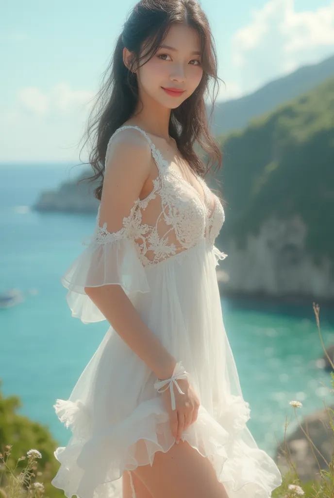  Deeper drawn borders,   full body shot on one side, standing、Movie angles,coastal、 masterpiece, highest quality, very well detailed, CG,  8k Wallpaper, beautiful face,  Delicate Eyes, Otome, alone, smile, cute、white dress、Lace knitting、miniskirt、high heel...