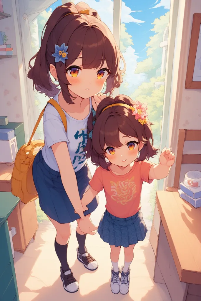 2 sisters, full portrait, anime style, getting ready for school 