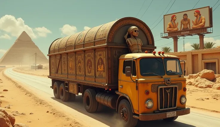 The sealed box with the mummy inside, loaded by a truck, Egyptian desert in the background, turning into a modern road with palm trees and billboards."