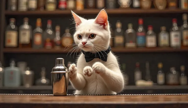 A stylish cat bartender stands behind a sleek bar counter. The cat wears only a bow tie but no clothes, and has a small, fat, beautifully furred body. He exudes an aura of professionalism and confidence. He holds a cocktail shaker with both paws and skillf...