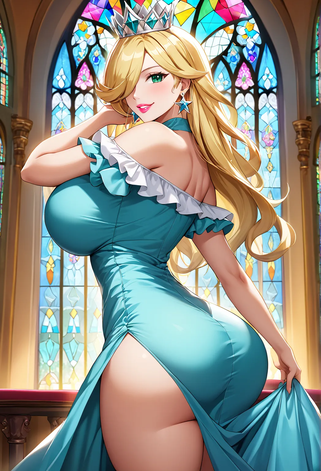  Create a stunning picture of Rosalina , a volhochtuous blonde girl, stands in front of a stained-glass window in a modern architectural setting .  She is wearing an aquamarine blue Off-the-shoulder dress with ruffled sleeves ,  shows her luscious cleavage...