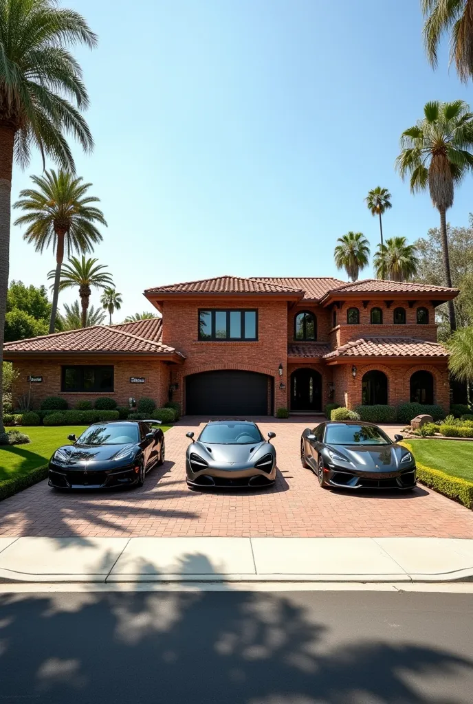 A massive brick ranch house, large paved concrete driveway with four sports cars, parked in a next large three car garage, palms trees, view from street curb, background san Diego california