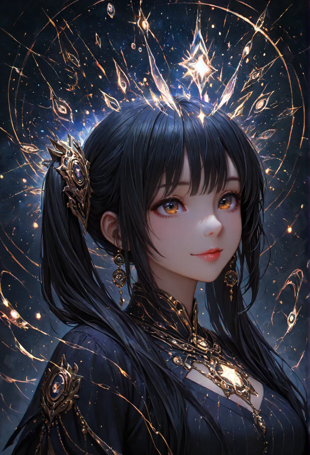 abstract, neon, masterpiece, best quality, very awa, epic, upper body, looking afar, celestial aura, dark, particles, fractal,Long Hair, Smile, Bangs, Twintails, Jewelry, black hair, girl, looking at viewer, lips,