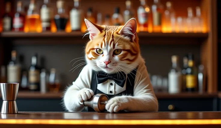 A stylish cat bartender stands behind a sleek bar counter. The cat wears only a bow tie but no clothes, and has a small, fat, beautifully furred body. He exudes an aura of professionalism and confidence. He holds a cocktail shaker with both paws and skillf...