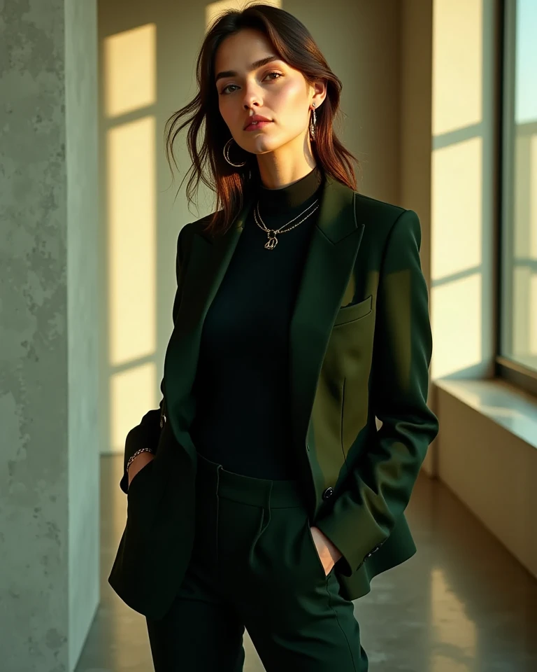 The scene captures the model on an American shot, balancing sophistication and modernity in an urban and minimalist photo shoot. The soft light crosses large glass windows, creating a natural contrast between subtle shadows and metallic reflections of the ...