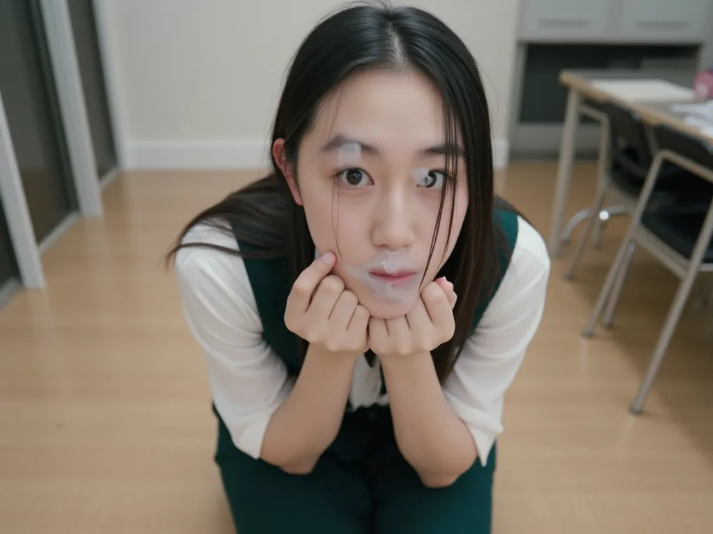 master piece,high resolution photo,cinematic,one japanese girl, high school student,wearing school uniform,miniskirt,in classroom,kneeling on floor,(open her mouth fully:1.5),both hands below her chin,a lot of milky slime in her mouth,some milky water slim...