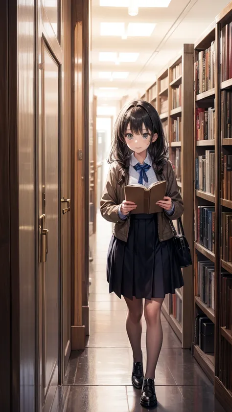 A girl walking down a corridor with some books