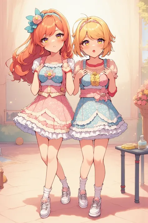 2 sisters, full portrait, anime style, getting ready for school, Easter outfit 