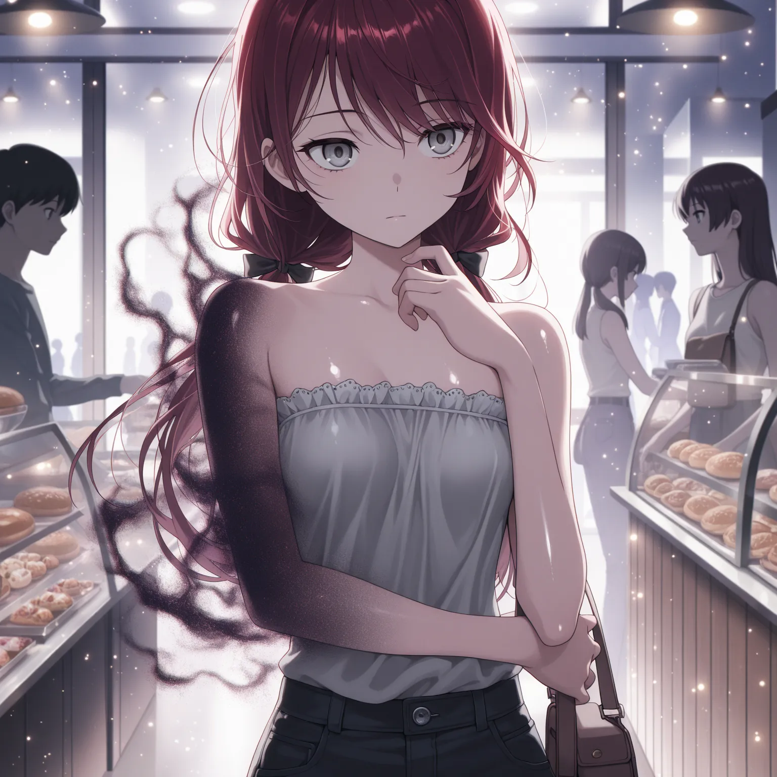 masterpiece, best quality, amazing quality,expressionless, :|, haunted girl, ((sleeveless, bare shoulders)), shadowy translucent aura, wispy aura, gray eyes, light particles, thin, dark red hair, swept bangs, low twin tails, hair ribbons, gray eyes, small ...