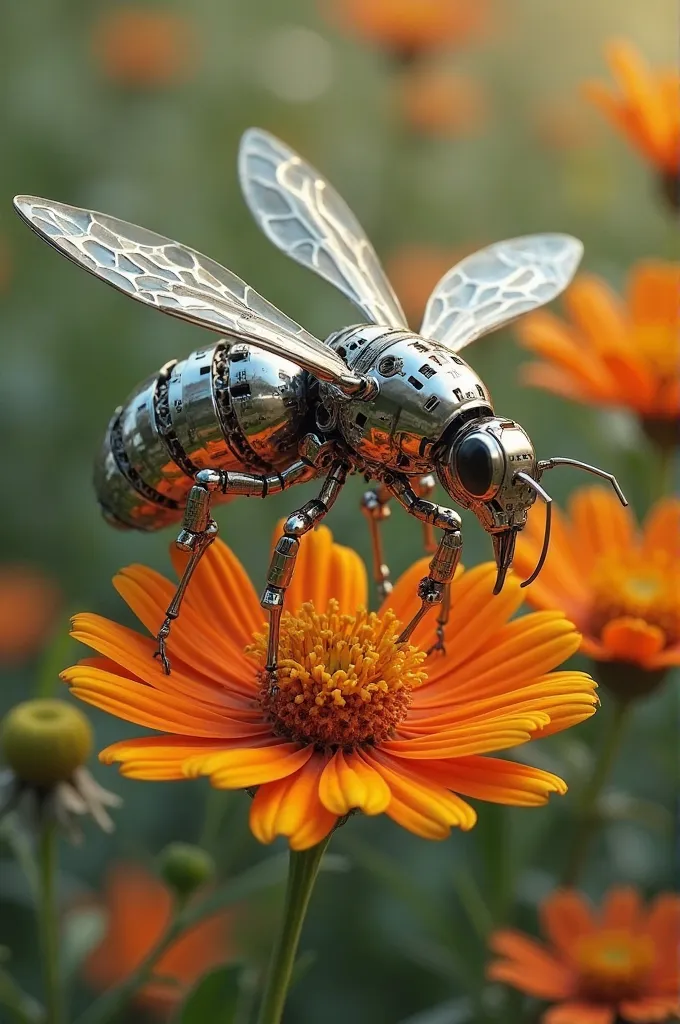 A robotic bee flutters its wings and swarms a flower.