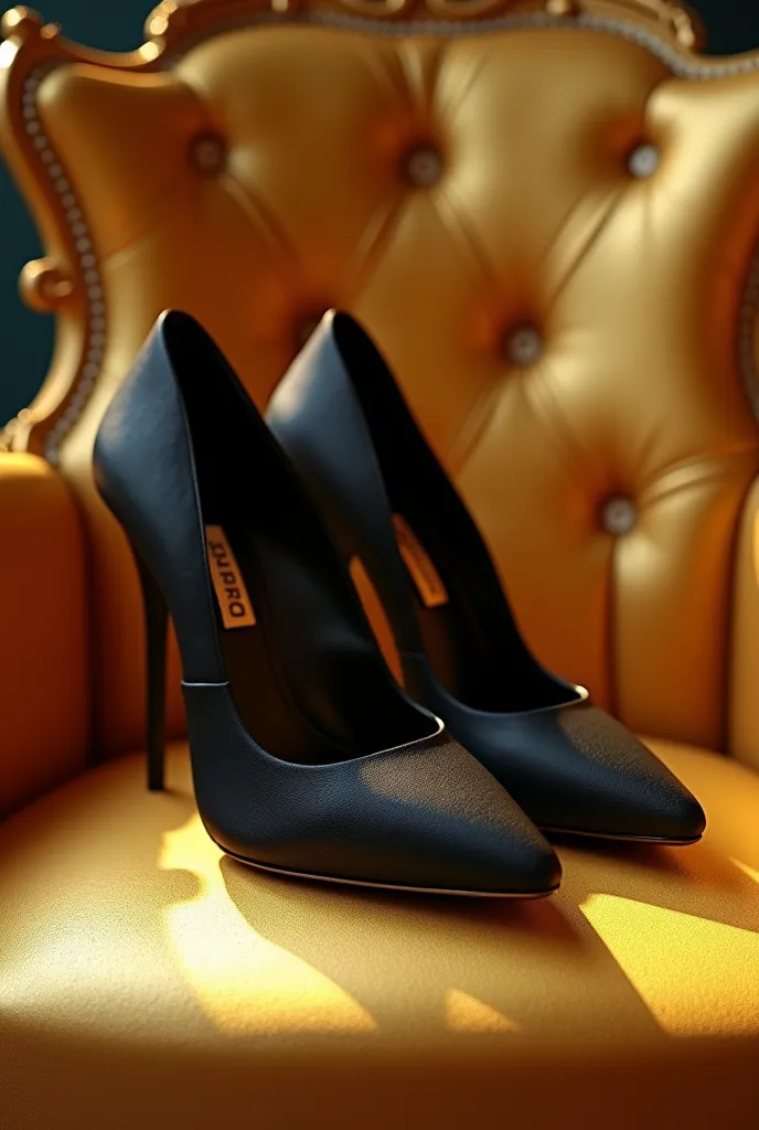 a pair of black stilettos on a golden chair