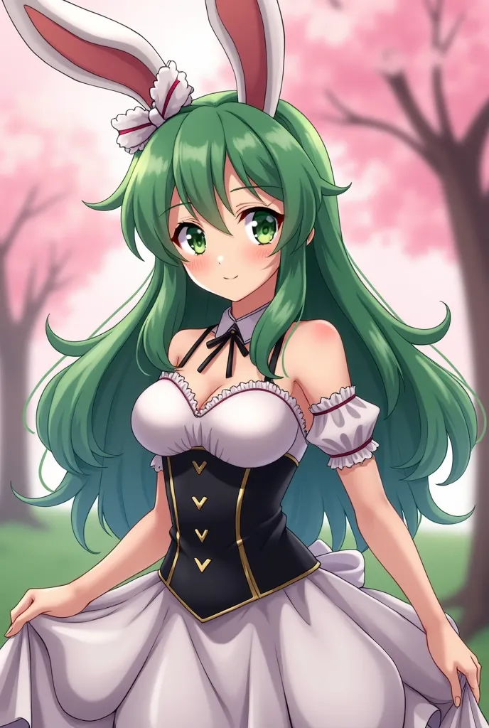 You have Izuku Midoriya, a woman disguised as a very tender and a little sexy rabbit with long green hair, green eyes a white dress with black corset and accessories from All Might and with a background of a cherry tree ANIME TYPE