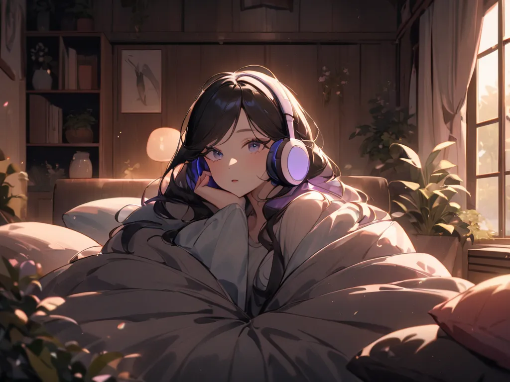 (woman relaxing with headphones)、illustration for both eyes、pastel color、Soft Lighting、peaceful atmosphere、 cozy environment 、Comfortable seats、beautiful plants and flowers、Comfortable clothing 、relaxed posture、vibrant music playing in the background、Bliss...