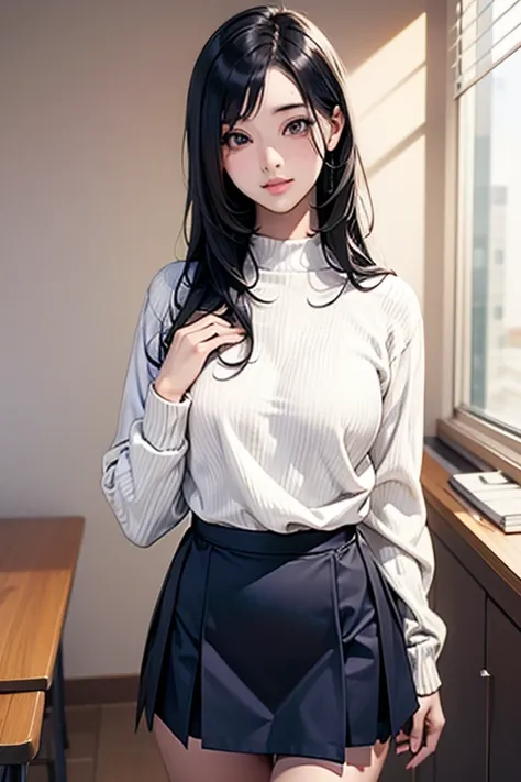 woman。 long straight black hair。neat female college student。Narrow eyes。 small tits。 white skin。Shyness。White summer sweater。navy blue skirt