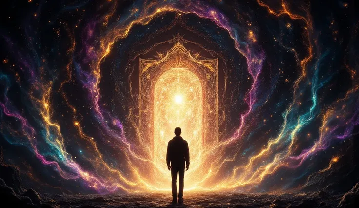 A surreal scene featuring a silhouetted man in front of an intricately designed open door, which radiates a brilliant colorful light. This doorway serves as a portal to the cosmos, surrounded by swirling star patterns and vibrant colors that convey a sense...