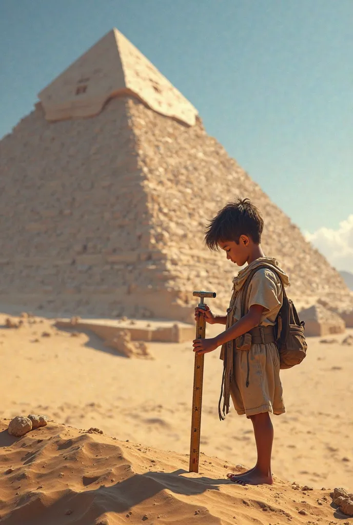 
Picture of a boy measuring He measures the base and side sides of the pyramid