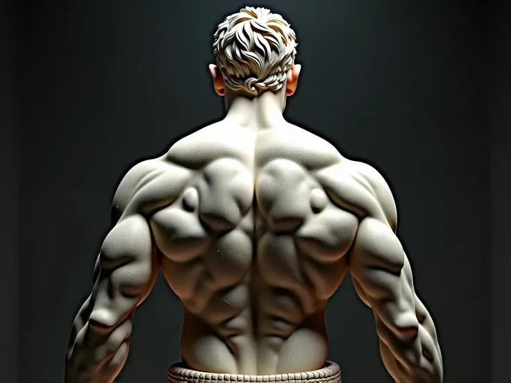 stoic Greek statue with very muscular body,back view, HERCULES STYLE ,  cinematic , 8k,  dark background GREECE 