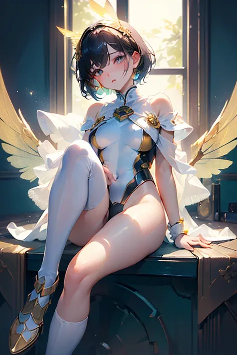 (((((masterpiece))))、((   Unity 8K Wallpaper   、  cinematic light  、 Super Detail、 highest quality)) 、《Super short cut hair：1.2》、 Android adult woman with fair skin and very beautiful skin、 with bee wings growing on the back  、 Hi-leg Leotard Armor with Bl...