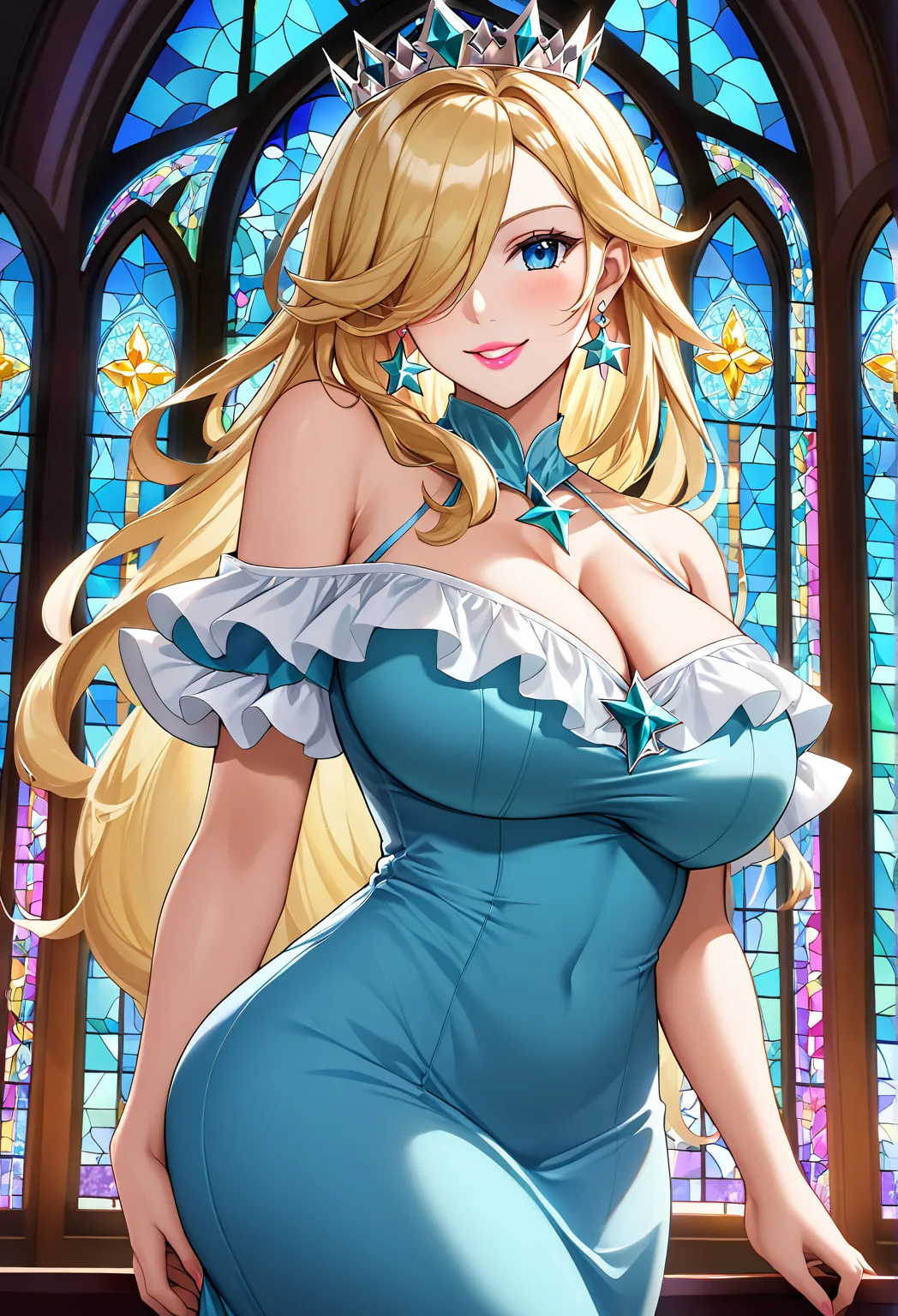  Create a stunning picture of Rosalina , a volhochtuous blonde girl, stands in front of a stained-glass window in a modern architectural setting .  She is wearing an aquamarine blue Off-the-shoulder dress with ruffled sleeves ,  shows her luscious cleavage...