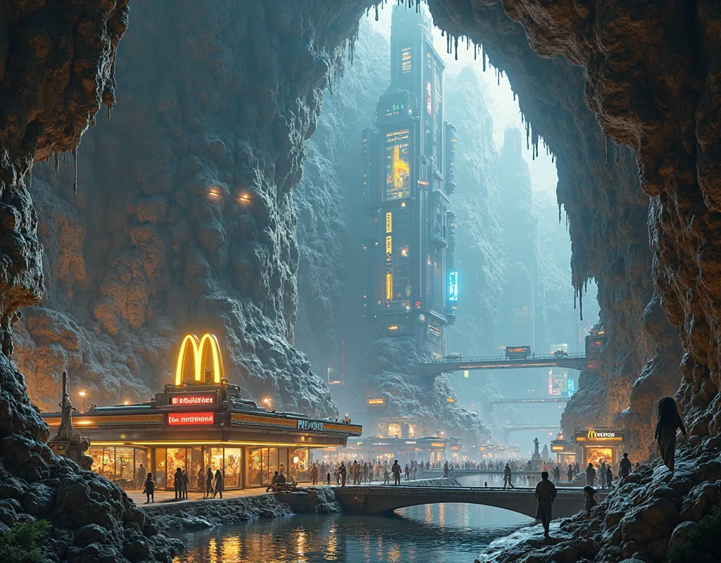 a city inside a cave with a mcdonald' inside the cave beautiful and new 