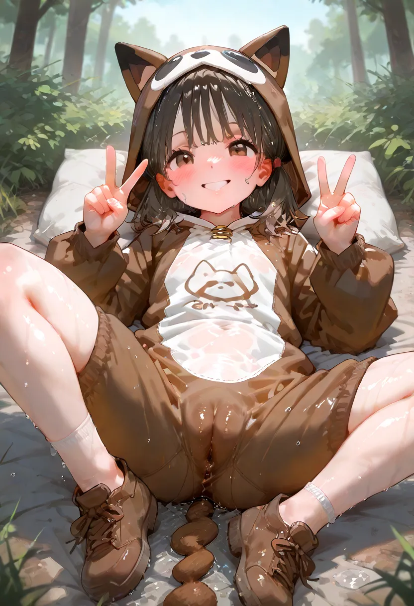 1girl,blush,brown hair,brown eyes,cameltoe,cosplay,costume,female,fully clothed,happy,highres,legs,loli,looking at viewer,lying,medium hair,on back,shoes,smile,solo,spread legs,tail,thighs,v,younger female,outdoor,1pokekid1, black hair, short hair, brown e...