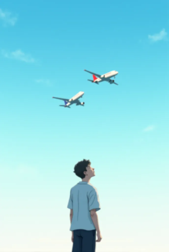 A 27-year-old boy has 2 airplanes flying over his head.  The boy is wearing a white shirt and black pants.