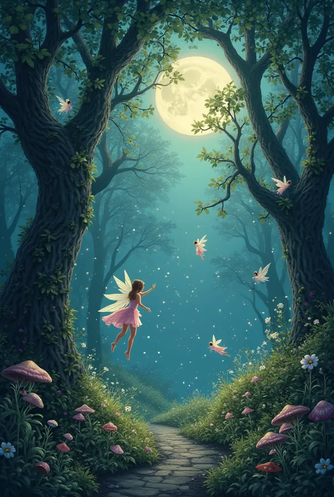 Moonlight forest with fairies 