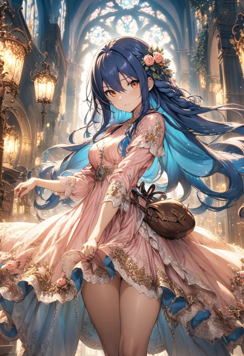 ((masterpiece, best quality)), anime illustration, 1girl, solo, (blue Hair:1.15), braided hair, long hair, (hair between eye), orange Eyes, (beautiful detailed face:1.2)， ((Roses ))，(cute pose) knee length pink dress with a gold rose pattern, Antique-style...