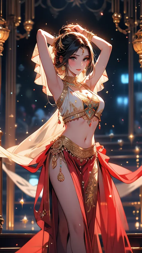 A solo dancer in a luxurious and glamorous harem-style outfit, She wears a belly-dance-style outfit with intricate beading and embroidery, and the vibrant colors are characteristic, A soft silk veil dances and flows in the breeze, and her outfit shines wit...