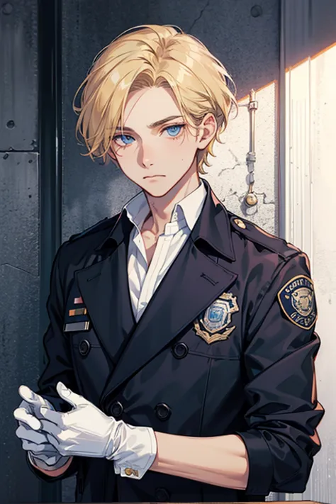 Blonde short smooth hair, blue eyes, indifferent beautiful boy, wearing long trench coat, suit, white gloves, police station background