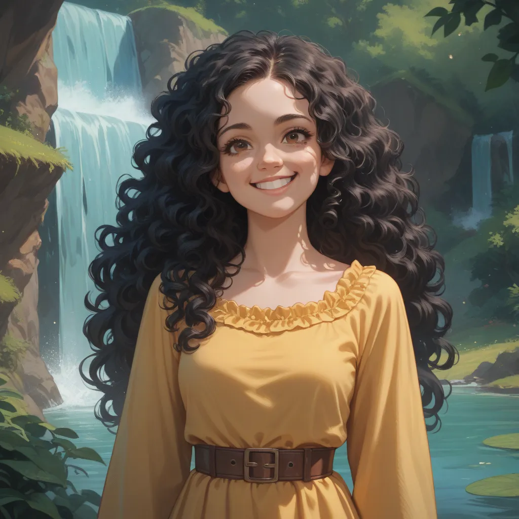  a girl, long hair,  frizzy hair,  black hair , gross, In a long yellow dress, Brown Leather, minimalist, brown eyes, a background of a meadow and a waterfall with a smiling expression