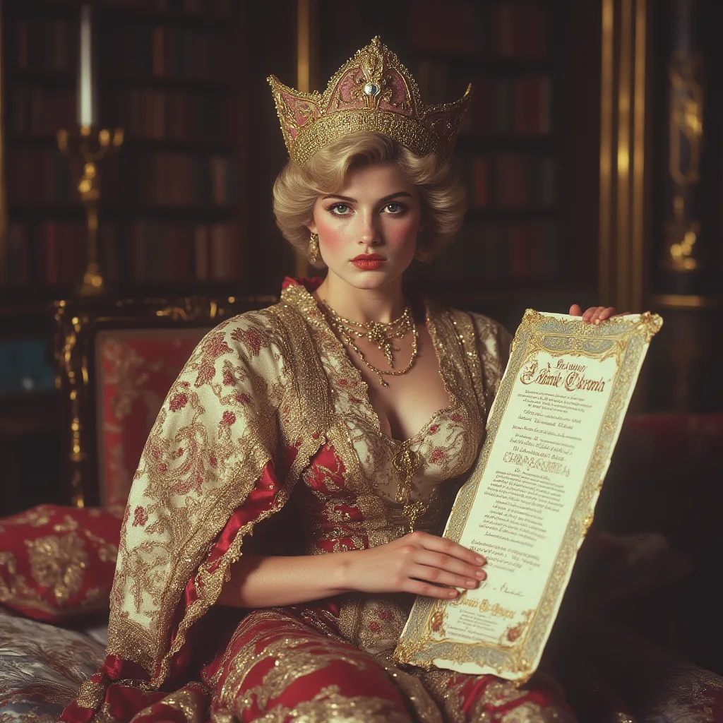 Princess Diana, dressed as a catholic bishop, seductive, posing on a fancy bed in a library, presenting a large fancy religious certificate