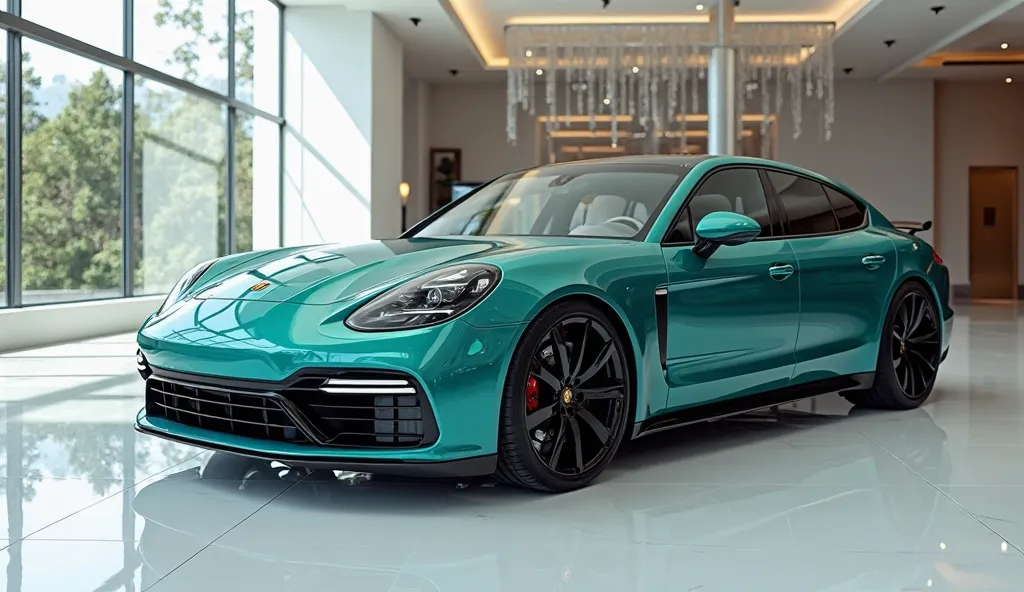 an ultra HDR Render off A  painted with shiny colour A Bold Design teal (2025 Porsche panamera Turbo S sleek in model shape sadan  with (Detailed grille like Porsche) black alloy wheels sleek front lights and original logo on the car colour teal  with in l...