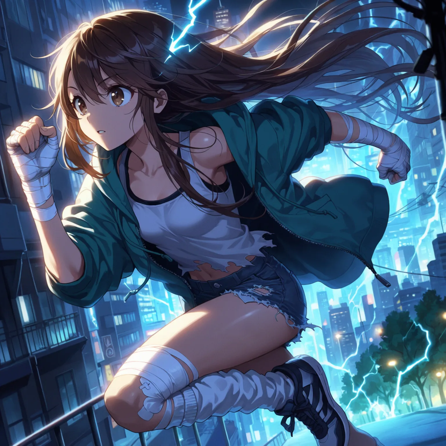  Masterpiece, best quality, amazing quality, sprinting girl, brown eyes, brown hair with teal highlights, very long hair, swept bangs, bandaged hands, teal hoodie over black tank top, ripped jean shorts, loose socks, sneakers, lightning aura, hand on groun...