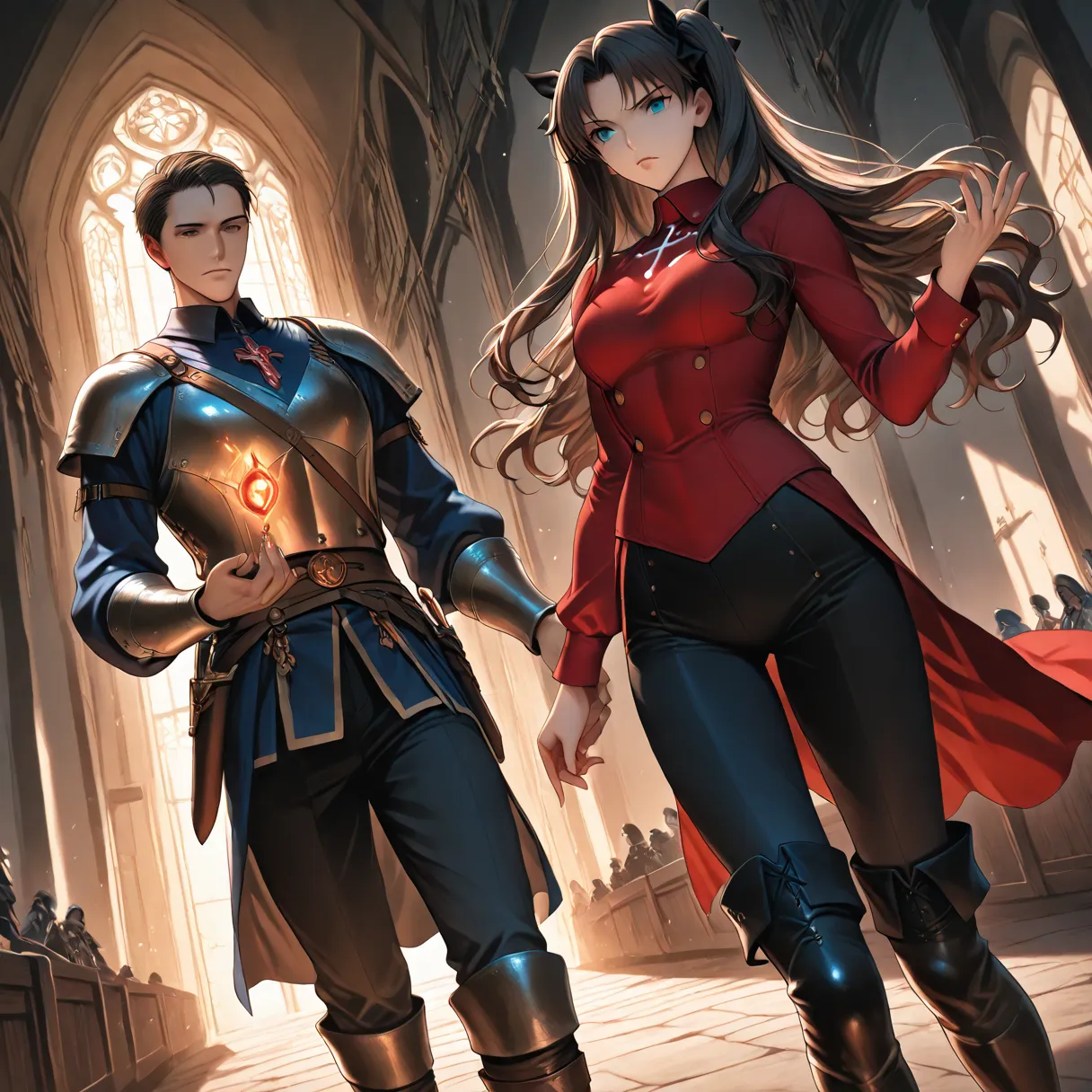 Rin Tohsaka, Inside the castle, Medieval Magician, medieval adventurer,  red shirt,  black pants , black thigh pants, own boots, brown knee-high boots, fantasy adventurer costume, elegant, dominant, Dutch angle, cowboy shooting, perfect eyes, perfect body