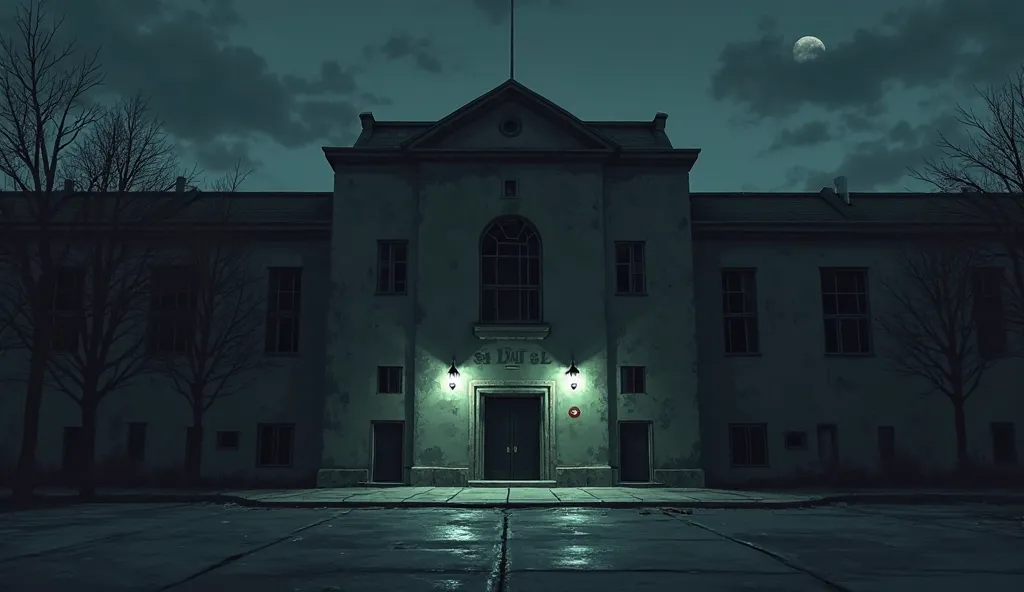 Facade of a morgue,  night time few lights on 