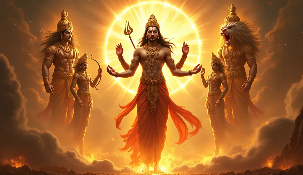 
"A majestic, divine portrayal of Lord Vishnu at the center, radiating power and cosmic energy. Around him, fragmented panels display his different avatars, including Krishna playing the flute, Lord Rama with a bow, Narasimha roaring, and other significant...