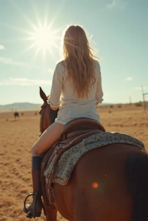 A very realistic picture from a personal perspective, showing a girl riding a horse, as if she was taking the photo herself on her phone. The picture shows her legs while they are on the knees, and part of the horse's back.. The background is a wide landsc...