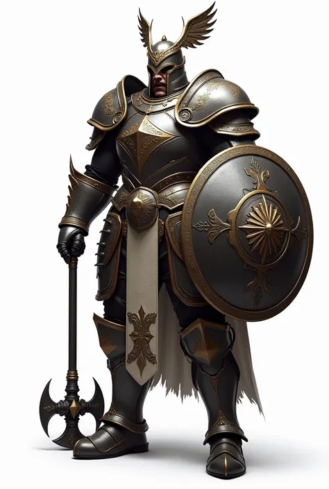 warrior in large armor, a shield on the left hand, a war mace on the right hand, On a white background, hyperrealistic style 