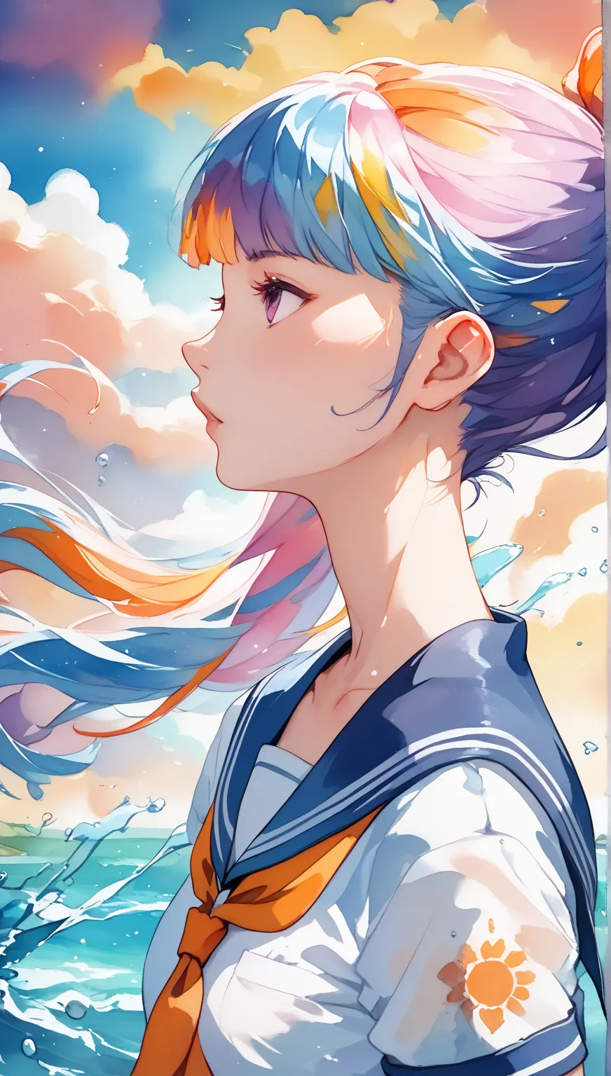  watercolor, watercolor painting、Body on knees, multicolored hair, looks up、profile in landscape orientation from、upper body、sailor suit:1.7、 moderate bust、Take a walk、A moment of twilight、Beautiful Orange Skies 、at dusk、 splashing background and spray pai...