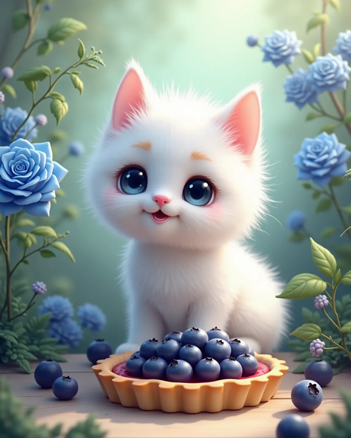  cute kitty、White and fluffy、blue rose flower、white ribbon 、blueberry tart、